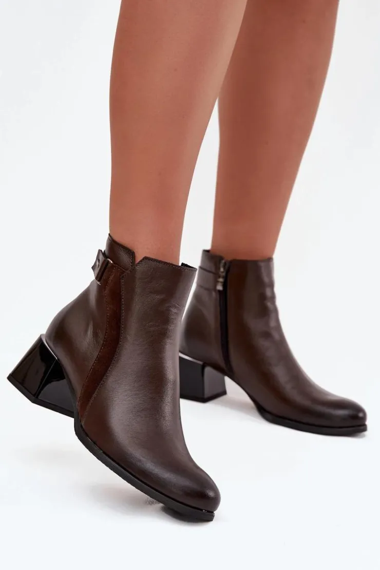 Damskie Zazoo Skórzane Botki Damskie Na Obcasie Ocieplane 60563 Czekoladowe