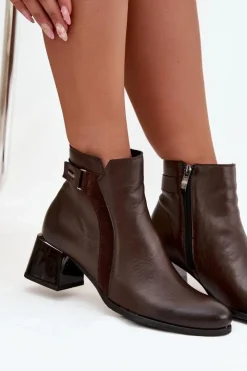 Damskie Zazoo Skórzane Botki Damskie Na Obcasie Ocieplane 60563 Czekoladowe