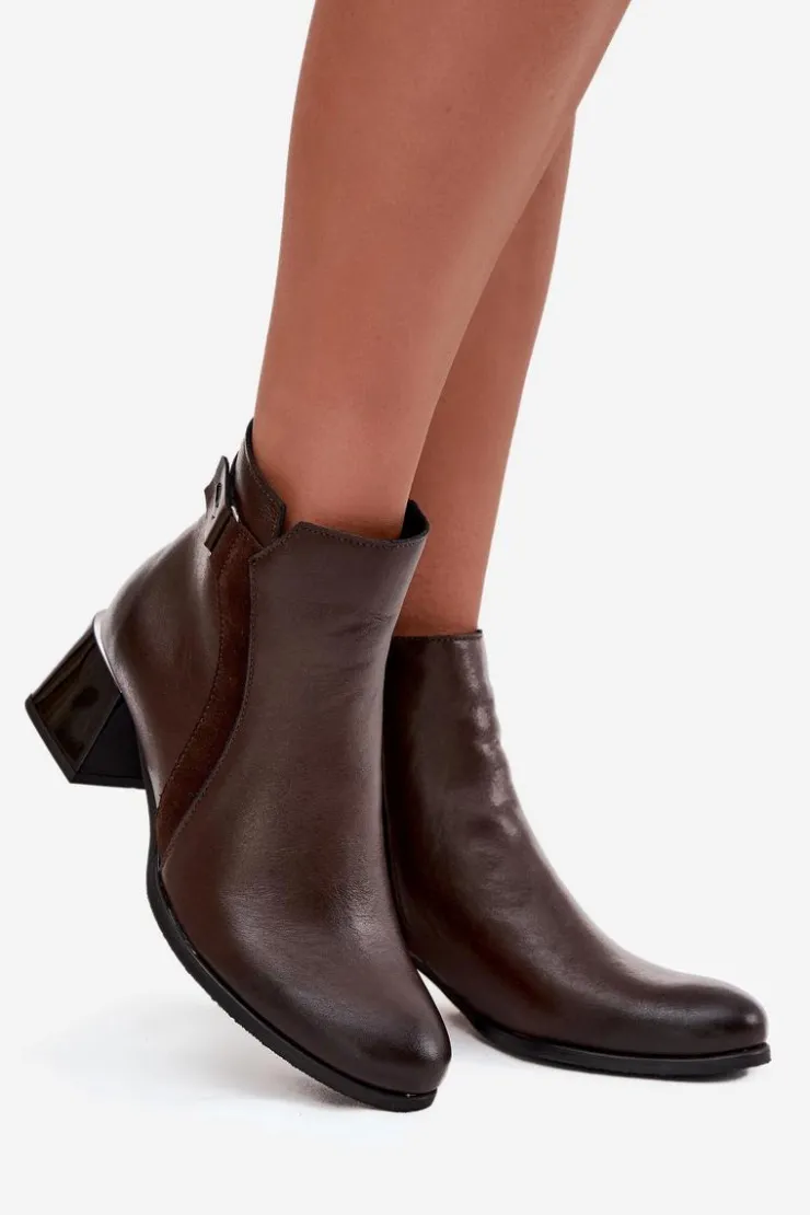 Damskie Zazoo Skórzane Botki Damskie Na Obcasie Ocieplane 60563 Czekoladowe