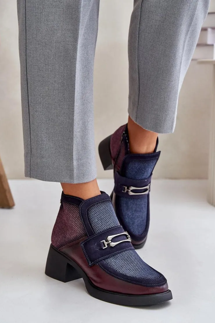 Damskie Maciejka Skórzane Botki Damskie Na Masywnym Obcasie Z Ozdobą 06747-23 Bordowo-Granatowe