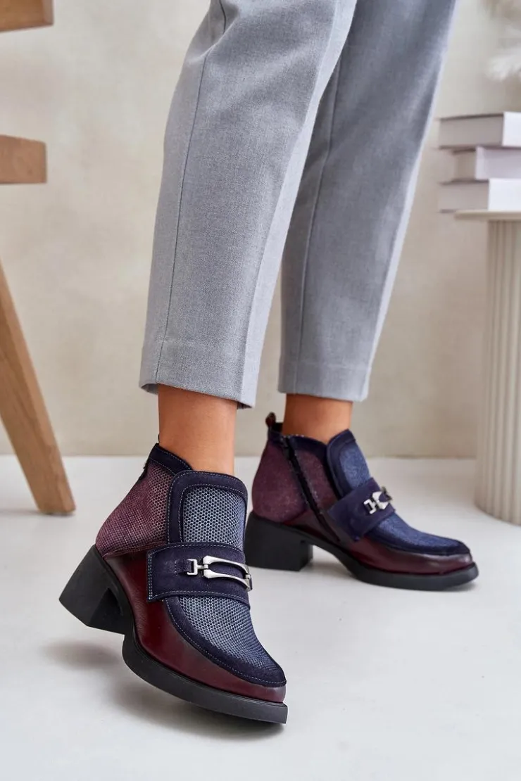 Damskie Maciejka Skórzane Botki Damskie Na Masywnym Obcasie Z Ozdobą 06747-23 Bordowo-Granatowe