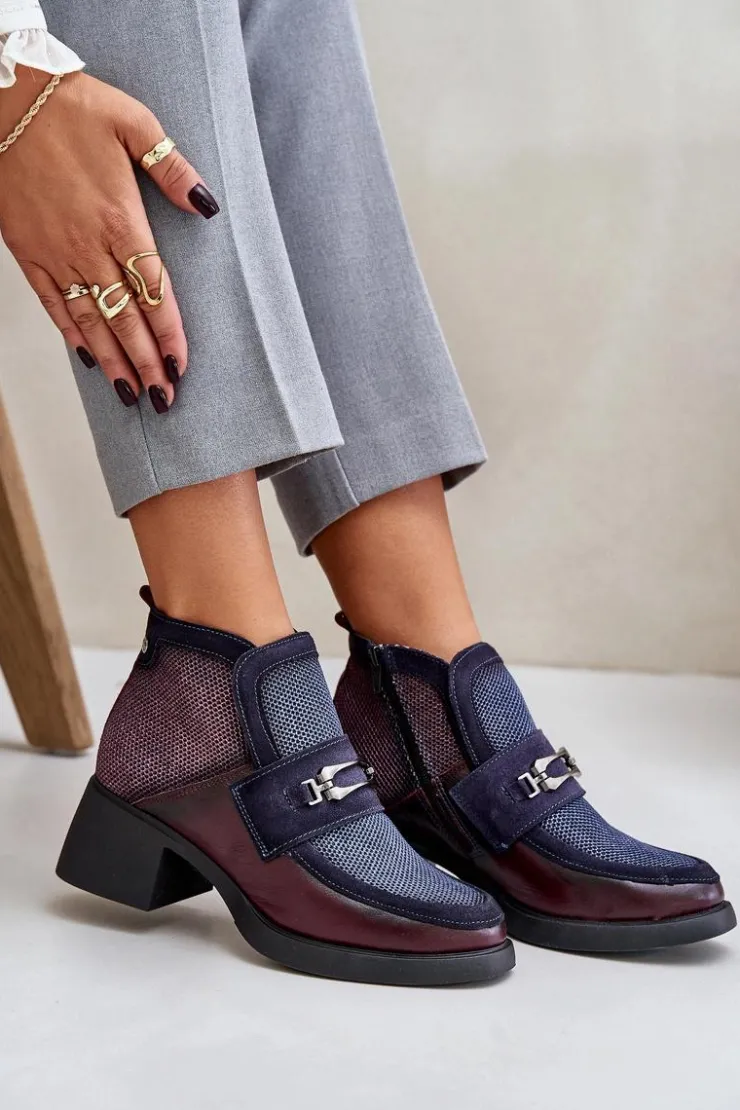 Damskie Maciejka Skórzane Botki Damskie Na Masywnym Obcasie Z Ozdobą 06747-23 Bordowo-Granatowe