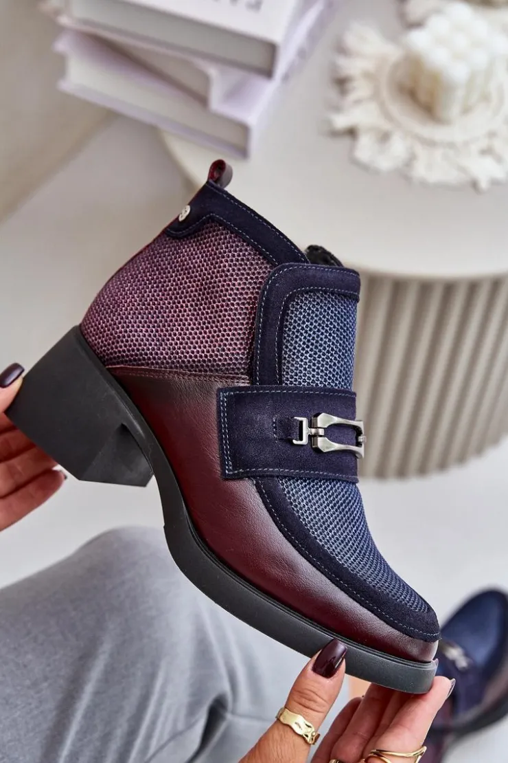 Damskie Maciejka Skórzane Botki Damskie Na Masywnym Obcasie Z Ozdobą 06747-23 Bordowo-Granatowe