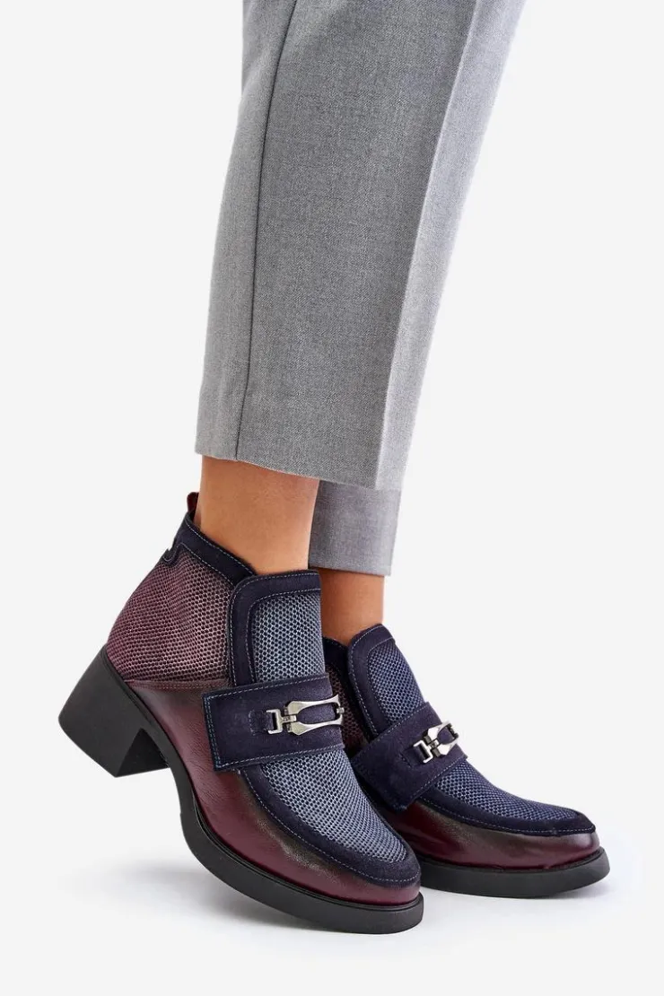 Damskie Maciejka Skórzane Botki Damskie Na Masywnym Obcasie Z Ozdobą 06747-23 Bordowo-Granatowe