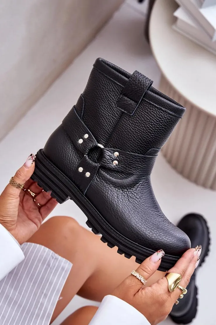 Outlet Boto Skórzane Botki Damskie Na Płaskim Obcasie Lewski 3610 Czarne Czarny