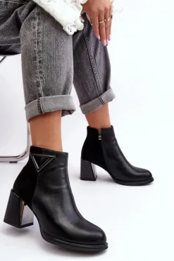 Damskie Damskie buty S.Barski Skórzane Botki Damskie Na Słupku D&A CR8171 Czarne