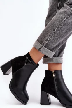 Damskie Damskie buty S.Barski Skórzane Botki Damskie Na Słupku D&A CR8171 Czarne