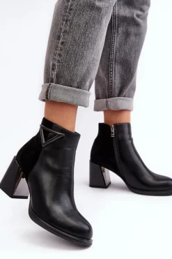 Damskie Damskie buty S.Barski Skórzane Botki Damskie Na Słupku D&A CR8171 Czarne