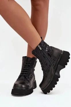 Artiker Botki Ocieplane|Botki Sznurowane*Skórzane Botki Damskie Na Platformie Z Napisami I Ozdobnym Detalem 57C2273 Czarne Czarny