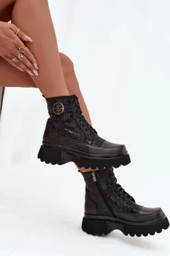 Artiker Botki Ocieplane|Botki Sznurowane*Skórzane Botki Damskie Na Platformie Z Napisami I Ozdobnym Detalem 57C2273 Czarne Czarny
