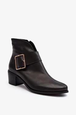 Boto Botki Wiosenne|Botki Ocieplane*Skórzane Botki Damskie Na Niskim Słupku Z Klamrą Czarne Liliane