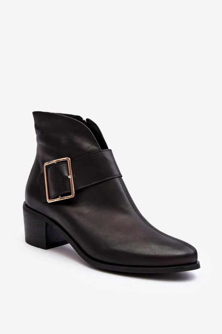 Boto Botki Wiosenne|Botki Ocieplane*Skórzane Botki Damskie Na Niskim Słupku Z Klamrą Czarne Liliane