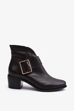 Boto Botki Wiosenne|Botki Ocieplane*Skórzane Botki Damskie Na Niskim Słupku Z Klamrą Czarne Liliane