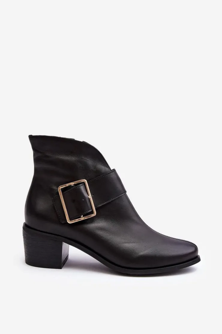 Boto Botki Wiosenne|Botki Ocieplane*Skórzane Botki Damskie Na Niskim Słupku Z Klamrą Czarne Liliane