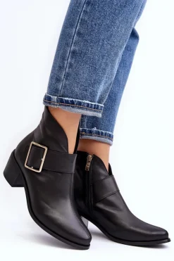 Boto Botki Wiosenne|Botki Ocieplane*Skórzane Botki Damskie Na Niskim Słupku Z Klamrą Czarne Liliane