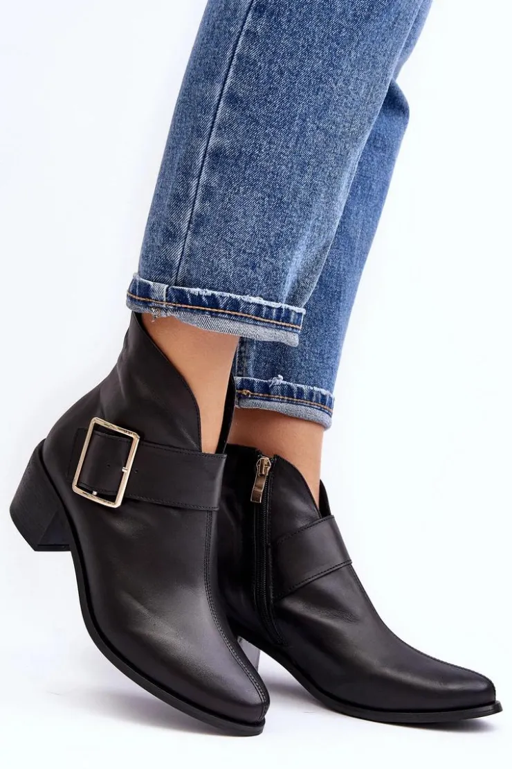 Boto Botki Wiosenne|Botki Ocieplane*Skórzane Botki Damskie Na Niskim Słupku Z Klamrą Czarne Liliane