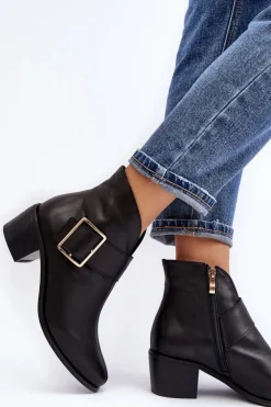 Boto Botki Wiosenne|Botki Ocieplane*Skórzane Botki Damskie Na Niskim Słupku Z Klamrą Czarne Liliane