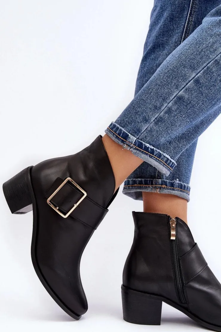 Boto Botki Wiosenne|Botki Ocieplane*Skórzane Botki Damskie Na Niskim Słupku Z Klamrą Czarne Liliane