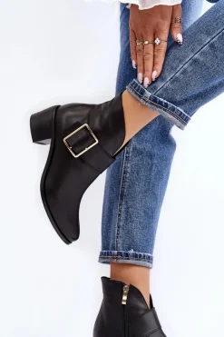 Boto Botki Wiosenne|Botki Ocieplane*Skórzane Botki Damskie Na Niskim Słupku Z Klamrą Czarne Liliane