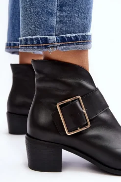 Boto Botki Wiosenne|Botki Ocieplane*Skórzane Botki Damskie Na Niskim Słupku Z Klamrą Czarne Liliane