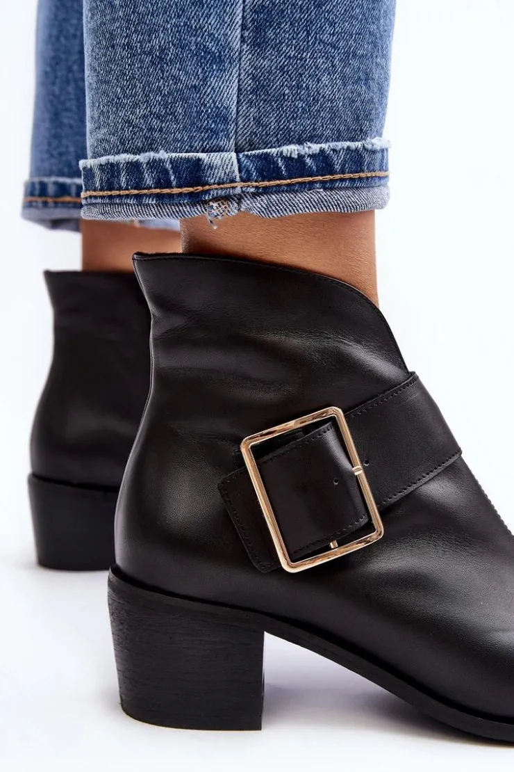 Boto Botki Wiosenne|Botki Ocieplane*Skórzane Botki Damskie Na Niskim Słupku Z Klamrą Czarne Liliane