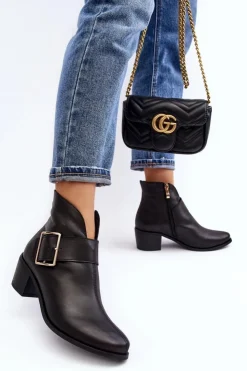 Boto Botki Wiosenne|Botki Ocieplane*Skórzane Botki Damskie Na Niskim Słupku Z Klamrą Czarne Liliane