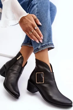 Boto Botki Wiosenne|Botki Ocieplane*Skórzane Botki Damskie Na Niskim Słupku Z Klamrą Czarne Liliane