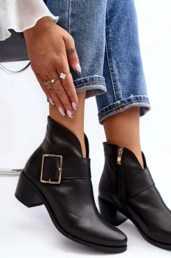 Boto Botki Wiosenne|Botki Ocieplane*Skórzane Botki Damskie Na Niskim Słupku Z Klamrą Czarne Liliane