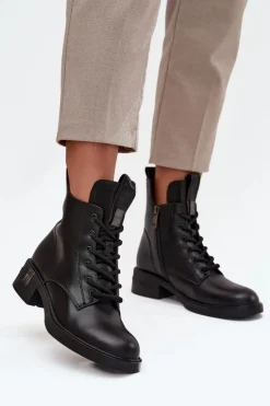 Buty damskie Vinceza Botki Ocieplane|Botki Sznurowane*Skórzane Botki Damskie Na Niskim Obcasie Vinceza 66818 Czarne Czarny