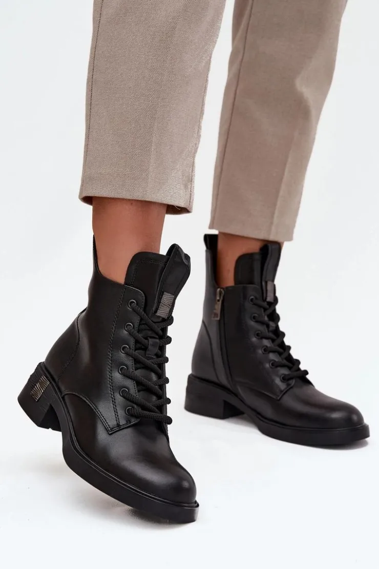 Buty damskie Vinceza Botki Ocieplane|Botki Sznurowane*Skórzane Botki Damskie Na Niskim Obcasie Vinceza 66818 Czarne Czarny