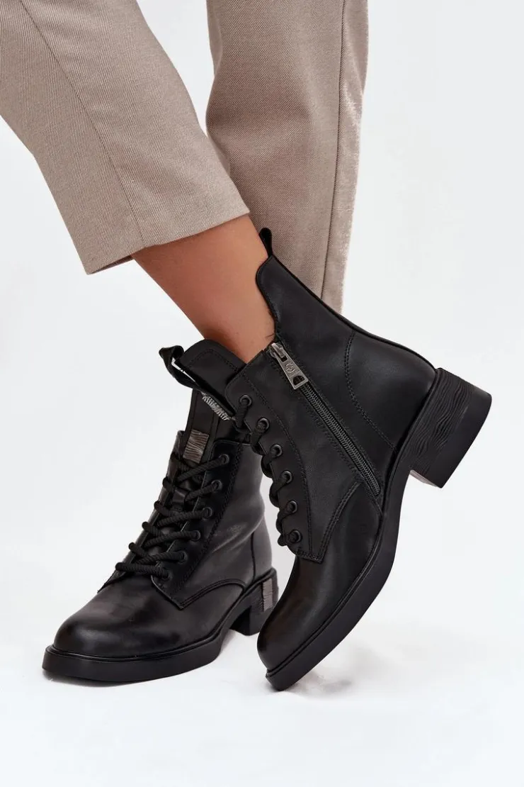 Buty damskie Vinceza Botki Ocieplane|Botki Sznurowane*Skórzane Botki Damskie Na Niskim Obcasie Vinceza 66818 Czarne Czarny