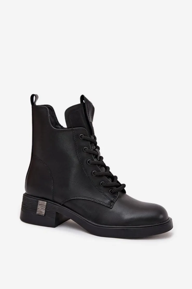 Buty damskie Vinceza Botki Ocieplane|Botki Sznurowane*Skórzane Botki Damskie Na Niskim Obcasie Vinceza 66818 Czarne Czarny