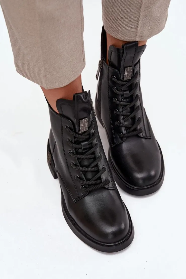 Buty damskie Vinceza Botki Ocieplane|Botki Sznurowane*Skórzane Botki Damskie Na Niskim Obcasie Vinceza 66818 Czarne Czarny