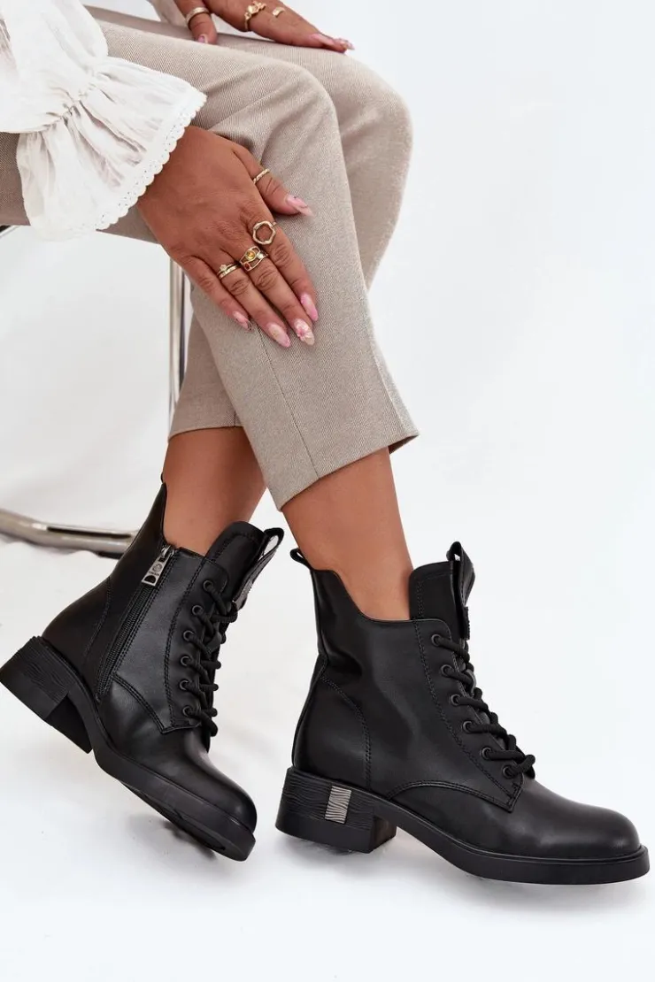 Buty damskie Vinceza Botki Ocieplane|Botki Sznurowane*Skórzane Botki Damskie Na Niskim Obcasie Vinceza 66818 Czarne Czarny