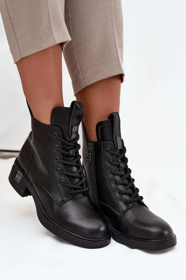 Buty damskie Vinceza Botki Ocieplane|Botki Sznurowane*Skórzane Botki Damskie Na Niskim Obcasie Vinceza 66818 Czarne Czarny