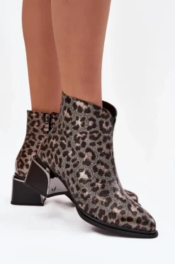 Damskie D&A Skórzane Botki Damskie Na Klocku Ocieplane Panterka CR52-622 Czarno-Złote