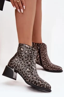 Damskie D&A Skórzane Botki Damskie Na Klocku Ocieplane Panterka CR52-622 Czarno-Złote