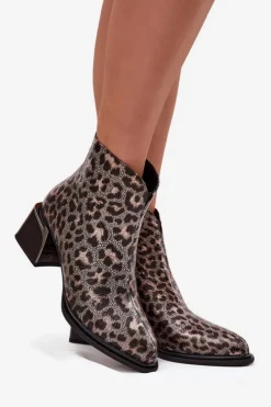 Damskie D&A Skórzane Botki Damskie Na Klocku Ocieplane Panterka CR52-622 Czarno-Złote