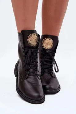 Discount Zazoo Skórzane Botki Damskie Na Płaskim Obcasie Ze Złotym Detalem 3084 Czarne Czarny