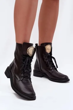 Discount Zazoo Skórzane Botki Damskie Na Płaskim Obcasie Ze Złotym Detalem 3084 Czarne Czarny
