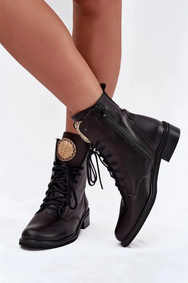 Discount Zazoo Skórzane Botki Damskie Na Płaskim Obcasie Ze Złotym Detalem 3084 Czarne Czarny