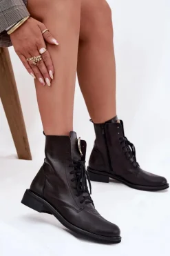 Discount Zazoo Skórzane Botki Damskie Na Płaskim Obcasie Ze Złotym Detalem 3084 Czarne Czarny