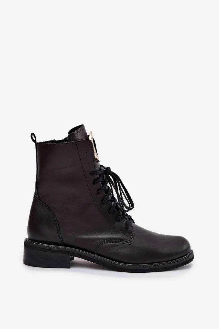 Discount Zazoo Skórzane Botki Damskie Na Płaskim Obcasie Ze Złotym Detalem 3084 Czarne Czarny