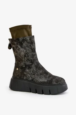 Damskie Maciejka Skórzane Botki Damskie Na Masywnej Platformie 06766-09 Khaki