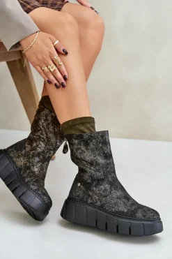 Damskie Maciejka Skórzane Botki Damskie Na Masywnej Platformie 06766-09 Khaki