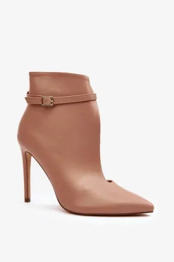 Damskie Boto Skórzane Botki Damskie Na Szpilce Beżowe Amalundi