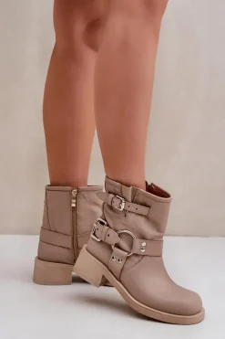 Damskie Zazoo Skórzane Botki Damskie Na Niskim Obcasie Klocku Z Paskami 3644 Beżowe