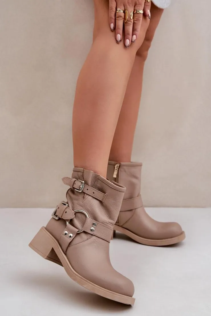 Damskie Zazoo Skórzane Botki Damskie Na Niskim Obcasie Klocku Z Paskami 3644 Beżowe
