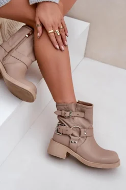 Damskie Zazoo Skórzane Botki Damskie Na Niskim Obcasie Klocku Z Paskami 3644 Beżowe