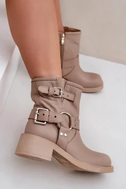Damskie Zazoo Skórzane Botki Damskie Na Niskim Obcasie Klocku Z Paskami 3644 Beżowe